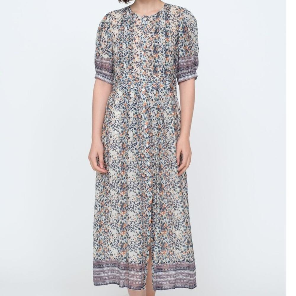 Sea New York Maya Midi Dress 0 Floral Print Sheer Chiffon Short Sleeve Lined